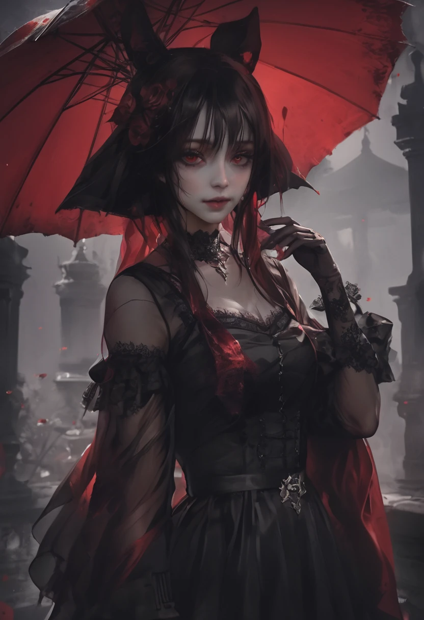 Midnight Cemetery、dawn、Red full moon、darkRedVampire、red and black bat、Red rain、Batware、Put on the bat、Bat Costume、Gothic Dress、Black and white parasol、Fascinating美しさ、Fascinating、Black Rose、skull、Red eyes、八重teeth、teeth、Unnaturally pale skin、Black gloves, (Blood splatter:1.5)
