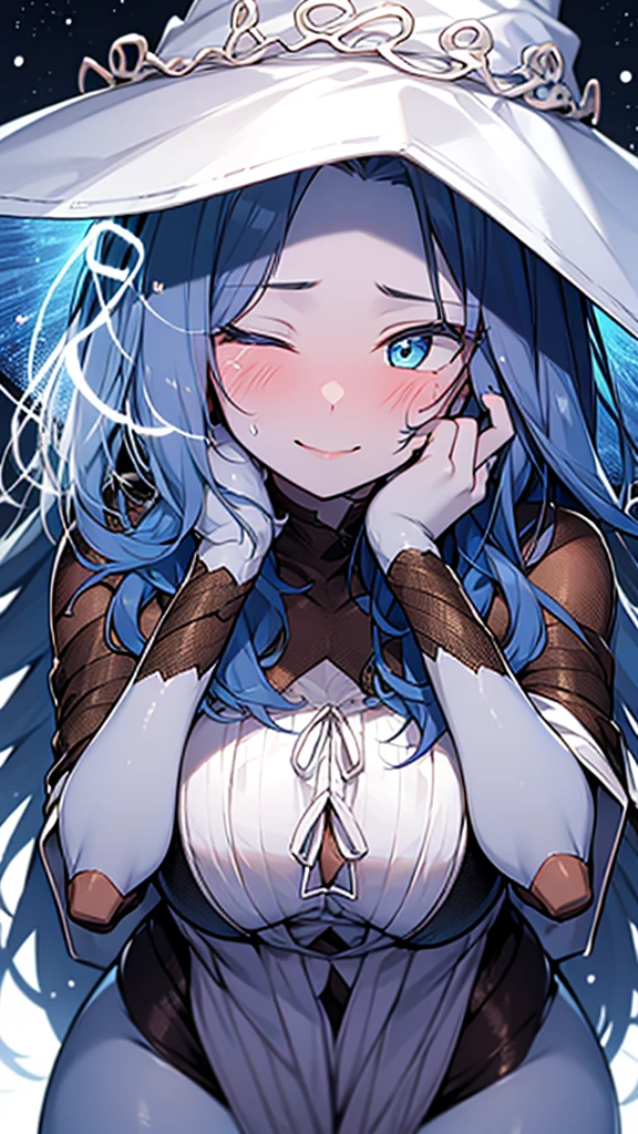 female, female only, seductive. seductive smile, blush, blushing, lusty smile, is horny, lusty expresion, hearts, thick ass, thick thighs, pink hearts, yandere trance, hands on own face, hands on own cheeks, facing viewer, simple background, ranni the witch, blue skin, blue hair, blue eyes, witch, snow witch, 