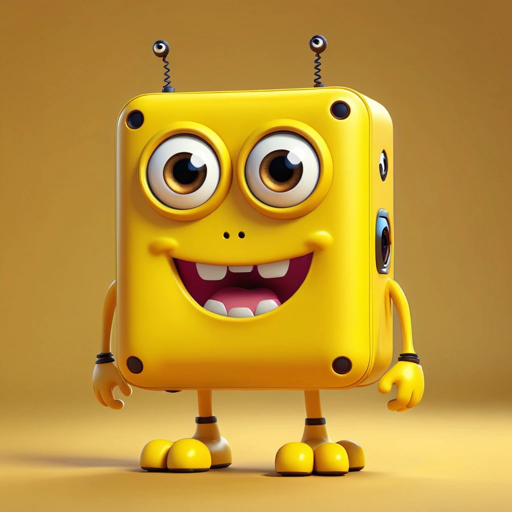 [Rectangle]
A cute rectangular monster with big eyes and four corners, with two sides longer than the other two. The cartoon character is designed in the style of Pixar animation studio, created using C4D software. It has an adorable yellow color scheme and showcases a playful expression through a speech bubble. This vibrant scene adds humor to your mobile phone wallpaper. --ar 1:1 --v 6.0 3D render