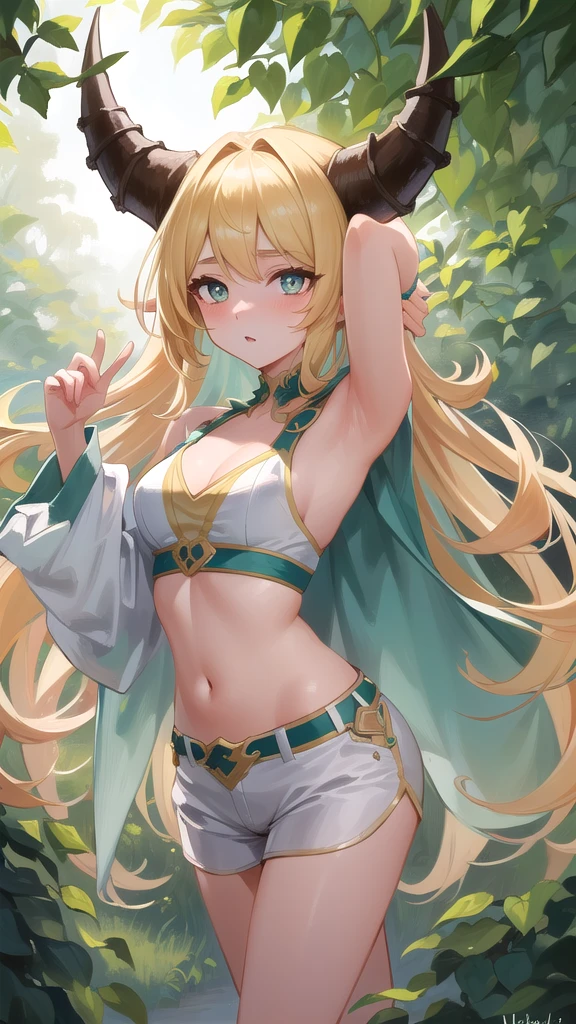 (Best quality,unparalleled masterpiece:1.4),Ultra-detailed 4K CG,(Ultra detailed clear absurdly bright mint big eyes:1.2),Yellow medieval summer girl, concept, vines on the hand and horns from the vines, full length, whole body, magic hunter, white shorts, SFV