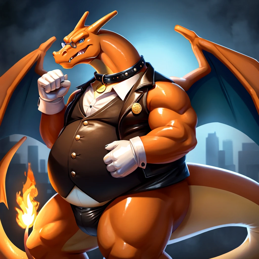 Solo, Male, fat, extremely obese, gentleman, dapper Professor Charizard, blue eyes, (posing:1.3), (soft shading), 4k, hi res, ((detailed face, detailed)), looking at viewer, mouth wide open, steampunk, collared shirt with buttons, top hat, male focus, Explorer Outfit, glasses, monocle, vest with buttons, sleeves rolled up, round eyewear, brown headwear, brown vest, Charizard is wearing a glossy leather dog collar around the neck, Charizard is wearing the leather collar and shirt and vest at the same time, Charizard is wearing glossy white rubber gloves on the hands, wearing white rubber gloves on the feet, gloves are rubber in texture, clenching teeth, clenching fists, leather collar is glossy and shiny with a lot of detail, Charizard is wearing gloves and leather collar at the same time, leather collar has a round dog-tag, leather collar is thick and detailed, leather collar is glossy and shiny, fancy clothing, dapper vest, dapper shirt, leather collar is thick, glossy leather collar, Charizard is wearing a diaper.