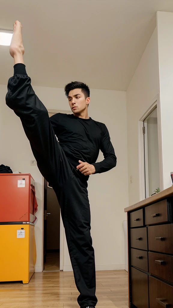 1 man, with black clothes, daily clothes,beautiful, throwing a high kick