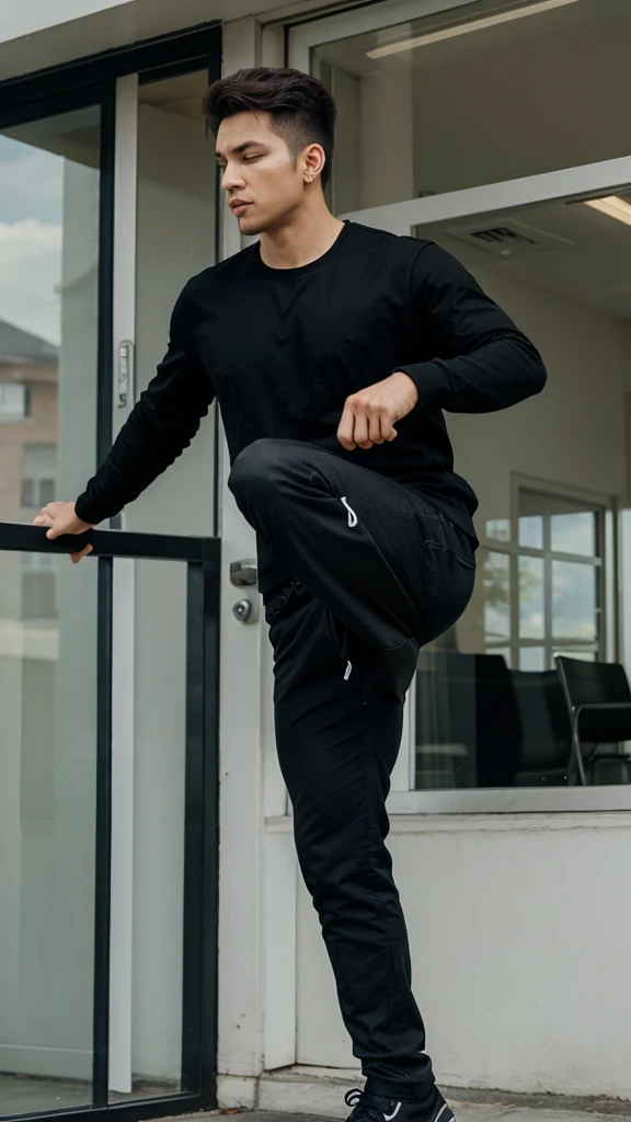 1 man, with black clothes, daily clothes,beautiful, throwing a high kick