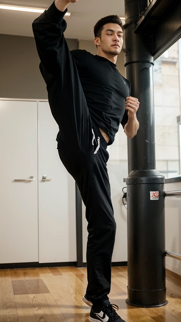 1 man, with black clothes, daily clothes,beautiful, throwing a high kick