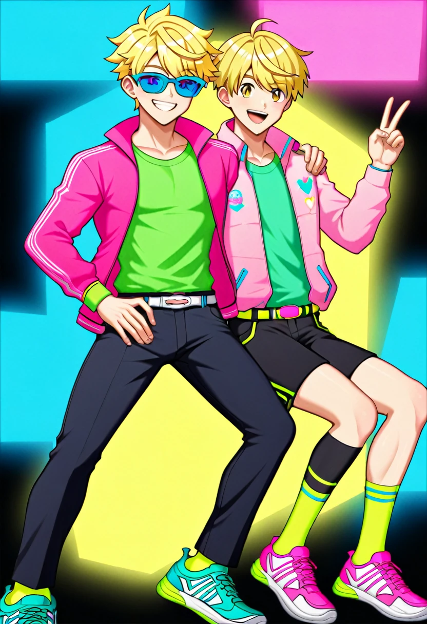 tall athletic man holding two pistols, bright neon clothing, black pants, neon pink jacket, neon green shirt, neon yellow socks, neon pink tennis shoes, black kneepad on right knee, walkman on waist, fanny pack on waist, blue aviator glasses, blonde hair, blonde anime pompadour, prominent chin, smiling, cheeky smile