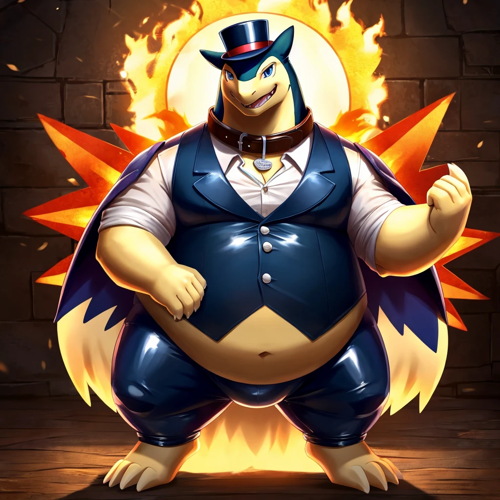 Solo, Male, fat, extremely obese, gentleman, dapper Professor Typhlosion, blue eyes, (posing:1.3), (soft shading), 4k, hi res, ((detailed face, detailed)), looking at viewer, mouth wide open, steampunk, collared shirt with buttons, top hat, male focus, Explorer Outfit, glasses, monocle, vest with buttons, sleeves rolled up, round eyewear, brown headwear, brown vest, Typhlosion is wearing a glossy leather dog collar around the neck, Typhlosion is wearing the leather collar and shirt and vest at the same time, Typhlosion is wearing glossy white rubber gloves on the hands, wearing white rubber gloves on the feet, gloves are rubber in texture, clenching teeth, clenching fists, leather collar is glossy and shiny with a lot of detail, Typhlosion is wearing gloves and leather collar at the same time, leather collar has a round dog-tag, leather collar is thick and detailed, leather collar is glossy and shiny, fancy clothing, dapper vest, dapper shirt, leather collar is thick, glossy leather collar, Typhlosion is wearing a diaper.