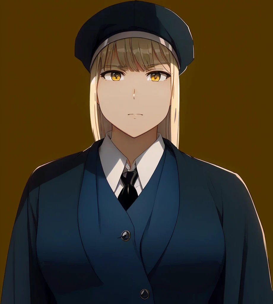 Female, (1girl:1.5), (exceptional, best aesthetic, new, newest, best quality, anime, waifu:1.2), keep the hat like the original, master piece, best quality, ultra detailed, absurdres, highres, colored, good anatomy, long silver hair, brown eyes, serious face, woman breast, sexy, plain bright blue coat, no shirt button, white inside shirt, peak cap, black tie,
