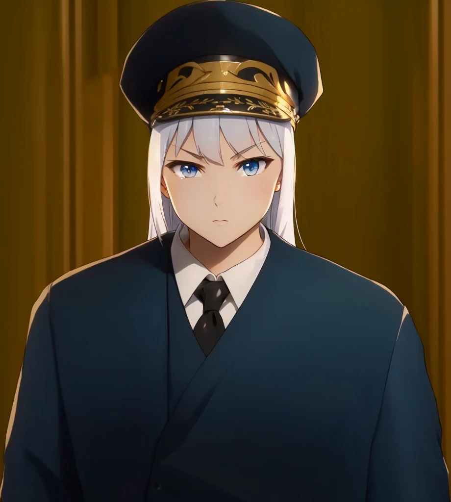 Female, (1girl:1.5), (exceptional, best aesthetic, new, newest, best quality, anime, waifu:1.2), keep the hat like the original, master piece, best quality, ultra detailed, absurdres, highres, colored, good anatomy, long silver hair, brown eyes, serious face, woman breast, sexy, plain bright blue coat, no shirt button, white inside shirt, peak cap, black tie,