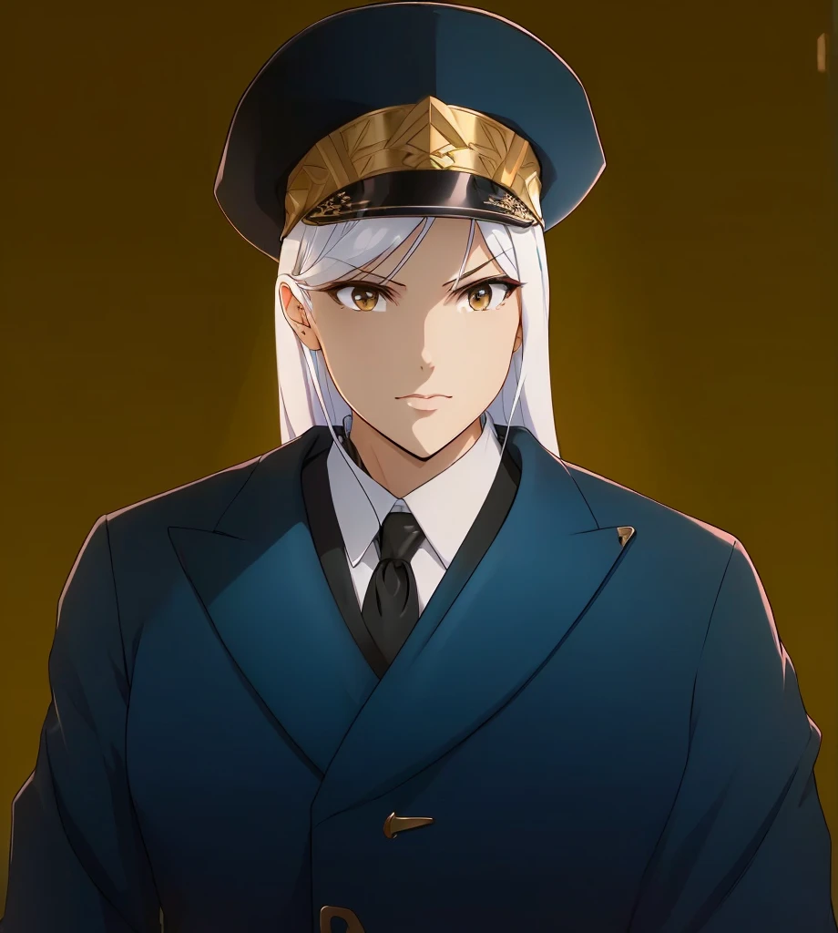 Female, (1girl:1.5), (exceptional, best aesthetic, new, newest, best quality, anime, waifu:1.2), keep the hat like the original, master piece, best quality, ultra detailed, absurdres, highres, colored, good anatomy, long silver hair, brown eyes, serious face, woman breast, sexy, plain bright blue coat, no shirt button, white inside shirt, peak cap, black tie,