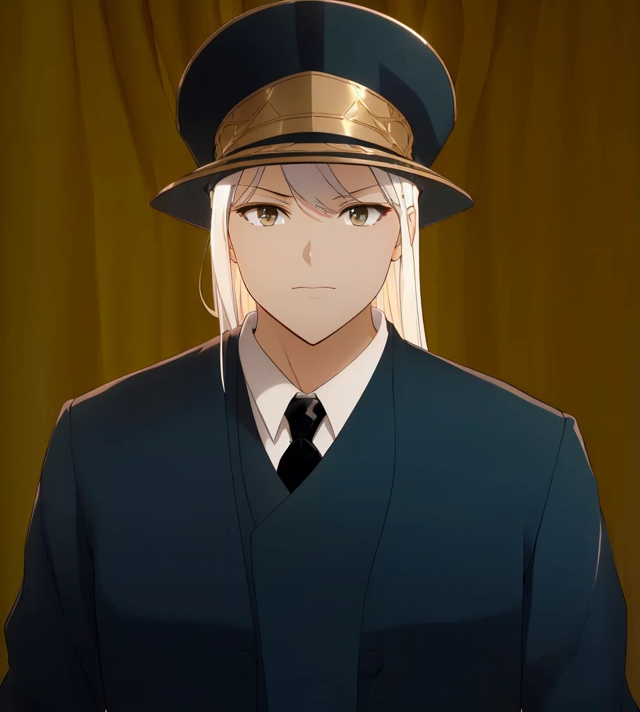 Female, (1girl:1.5), (exceptional, best aesthetic, new, newest, best quality, anime, waifu:1.2), keep the hat like the original, master piece, best quality, ultra detailed, absurdres, highres, colored, good anatomy, long silver hair, brown eyes, serious face, woman breast, sexy, plain bright blue coat, no shirt button, white inside shirt, peak cap, black tie,