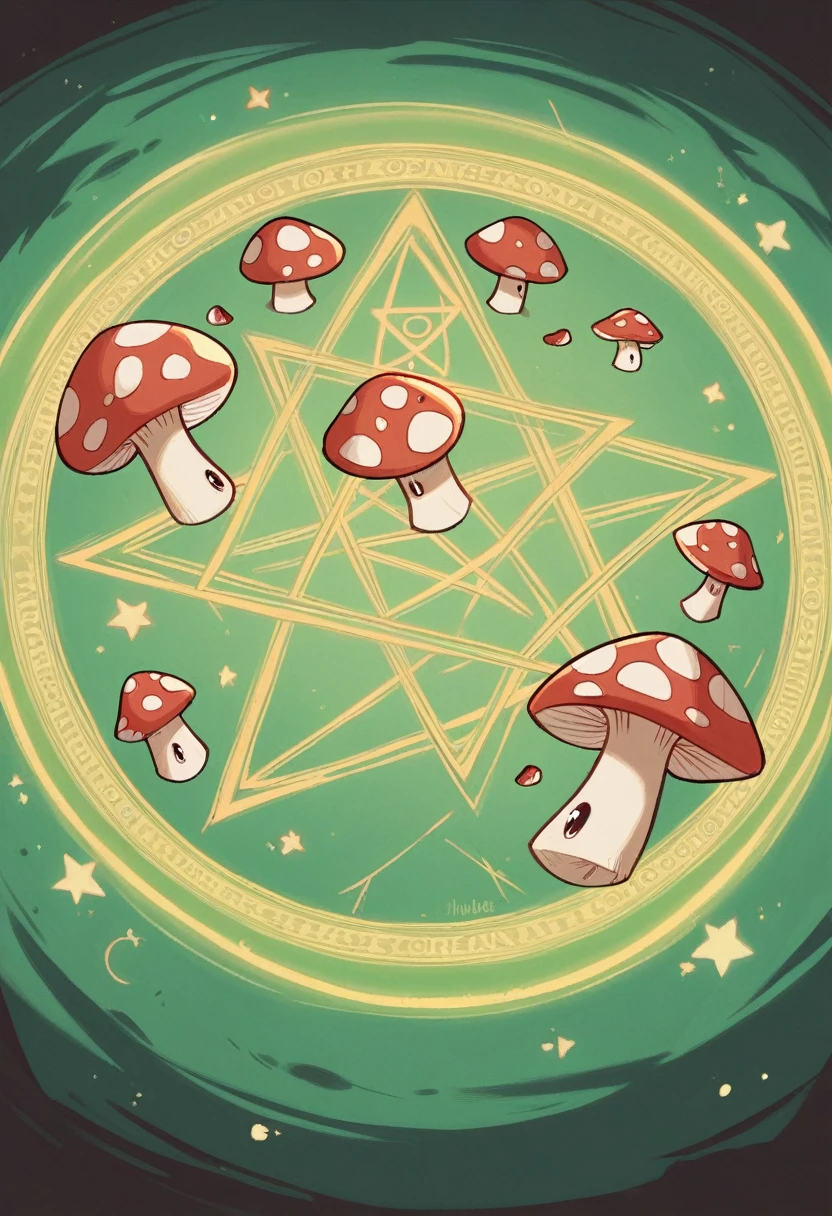 Witches circle (magic circle of mushrooms), ring mycelium, witch rings, mushroom circles, fairy circles, leprechauns circles. paien, runic alphabet, Wicca, pentagram (realistic and bright colors, ultra-detailed, 16K).