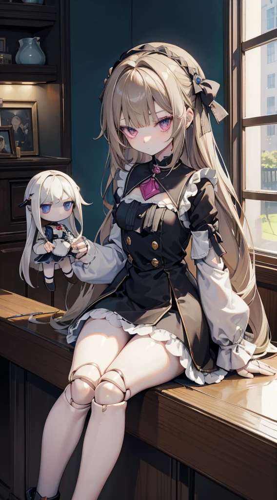 Doll girl,Puppet joints,Globular joints,Puppet joints,Puppet joints,Puppet Expression,Dull expression,Eyes without highlights,Lifeless eyes,Stiff eyes,Stiff movements,Cafe scene,Interior scene,裸露arm,knee,arm,thigh