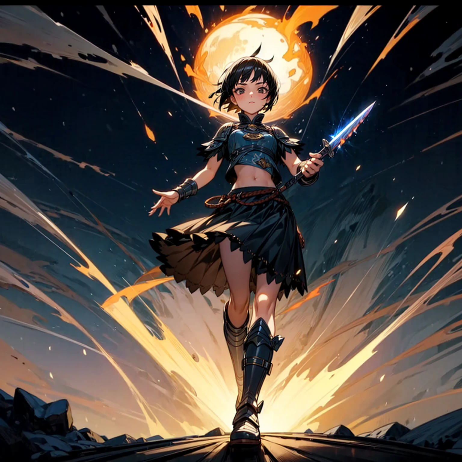 1girl, Full body version, 1character, girl version, black eyes color, short haircut, black colour hair, Ancient Roman style clothing, long skirt, ling boots, small armor body, Grassroots, background in snow, motion blur, (one piece style art), snow, knife in hand, standing gesture, fire, lighting knife, smoke effect, aura effect, lighting moon, Moonlight, fire aura, snow, blue lightning, Silhouette, knife light silhouette, moon