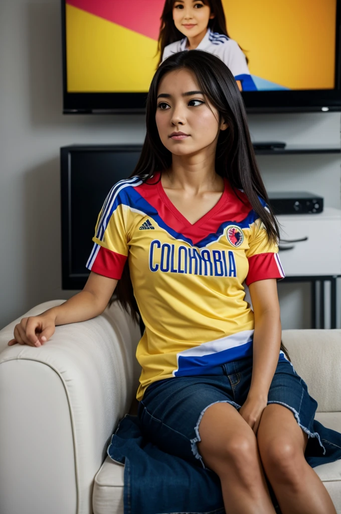 Kawaii drawing of a woman wearing the Colombia national team shirt watching television 
