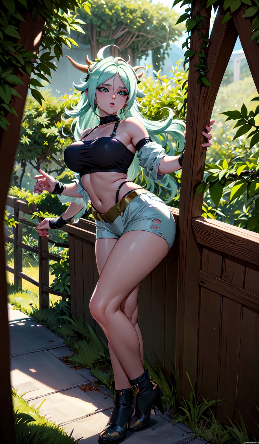 (Best quality,unparalleled masterpiece:1.4),Ultra-detailed 4K CG,(Ultra detailed clear absurdly bright mint big eyes:1.2),Yellow medieval summer girl, concept, vines on the hand and horns from the vines, full length, whole body, magic hunter, white shorts, SFV