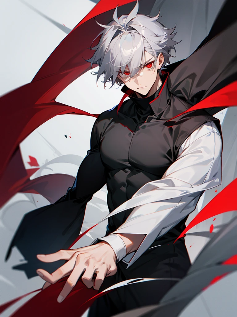 Male character with gray hair and red eyes and black clothes