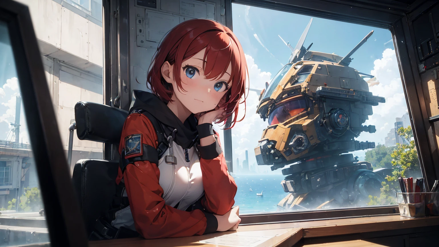 Absurd resolution, high resolution, (masterpiece: 1.4), hyper-detail, ung woman, short red hair, pilot suit, rich princess, sitting in an extremely narrow and closed mecha control room looking out the window, the window is the space universe can see the blue planet (1.5), the expression is excited, the mecha control room is in the universe