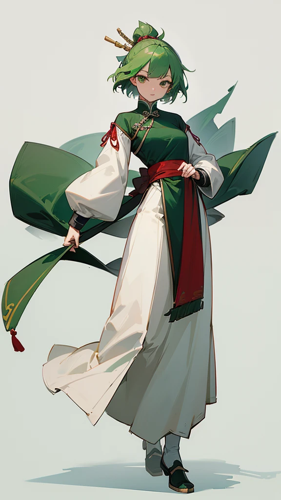 (Artwork, Highest quality, Facial details, Very redundant, Advanced Details, Highest quality, High resolution, 8K) frontを向いている、Green Hair、Her hair is short、small breast、upright stance、full body、Fighter、Uniform、Chinese Knight、Chinese style、White background、Simple Background、 exposure、China dress、pants、band、front、White clothes、Kung Fu、slender
