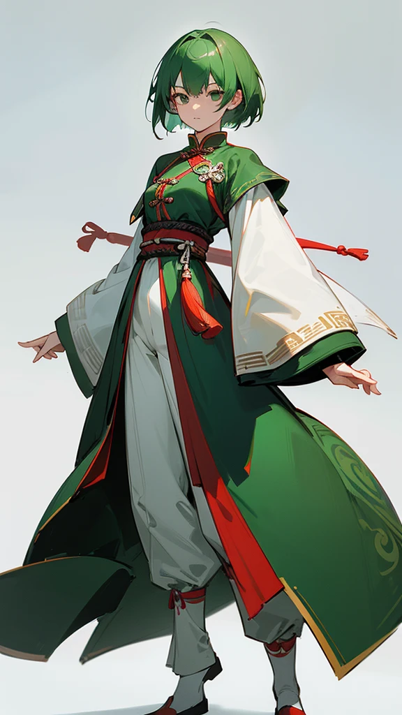 (Artwork, Highest quality, Facial details, Very redundant, Advanced Details, Highest quality, High resolution, 8K) frontを向いている、Green Hair、Her hair is short、small breast、upright stance、full body、Fighter、Uniform、Chinese Knight、Chinese style、White background、Simple Background、 exposure、China dress、pants、band、front、White clothes、Kung Fu、slender