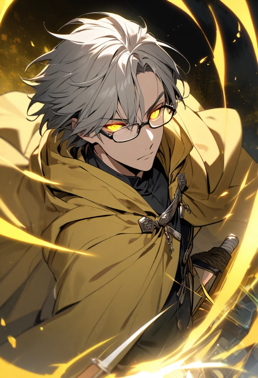 Male, solo, handsome, yellow eyes, glowing eyes, short hair, grey hair, yellow cloak, glasses cover 1 eye, yellow aura, holo, sword
