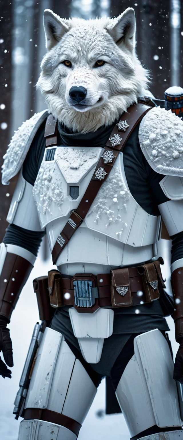 a cinematic star wars scene, a white wolf humanoid bounty hunter, detailed portrait, photorealistic, snowy tundra forest, snowflakes, dramatic lighting, intricate armor and details, dynamic pose, cinematic composition, hyper-realistic, moody color palette, dramatic lighting and shadows, intricate details, masterpiece