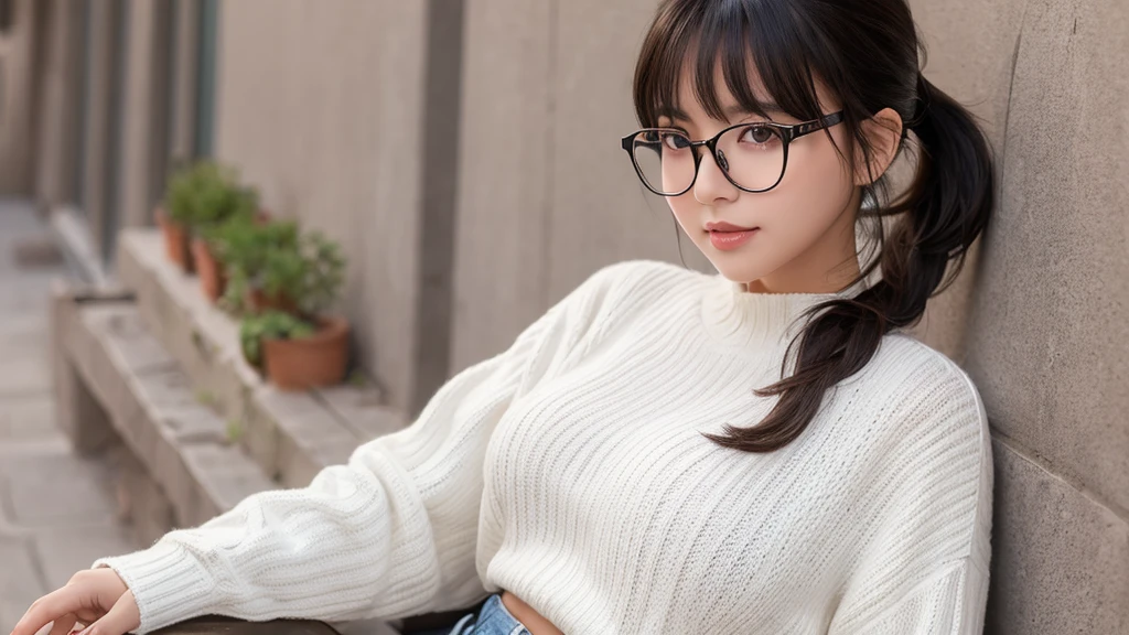 ((Highest quality)), ((masterpiece)), (detailed), Beautiful girl,White sweater,,valley,Black Hair,Black-rimmed glasses,ponytail,See-through bangs,Cowgirl