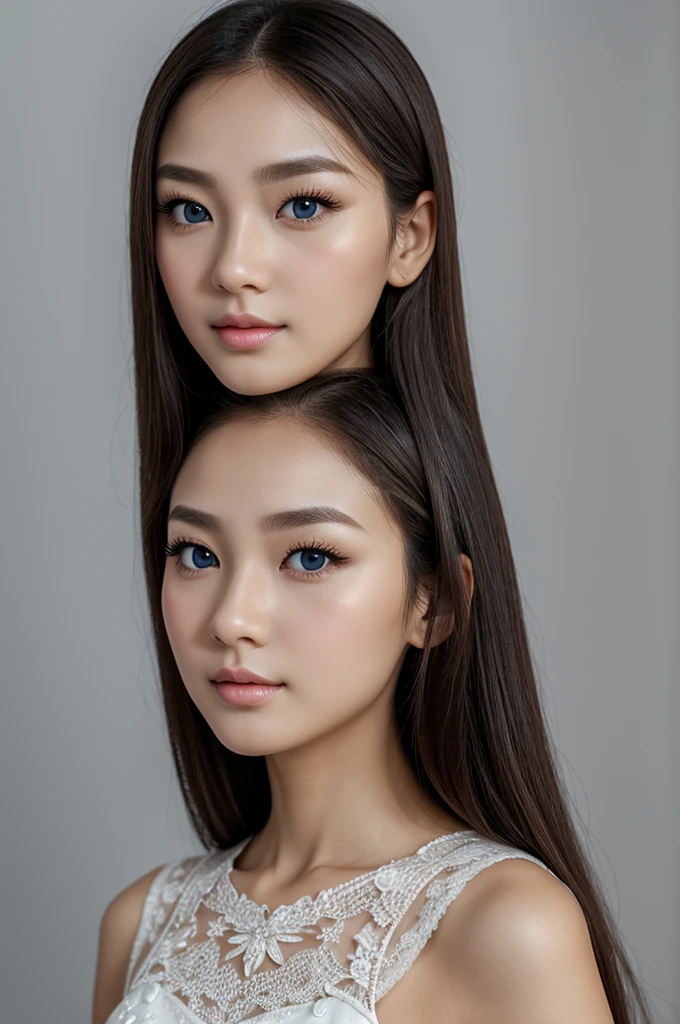 (Face details Breaking down - Best quality:1.2), beautiful woman, single eyelids,Big nose,high nose,high bridge of nose,Fracture of bridge of nose,Danfeng Eyes,single eyelids,thin lips,Close lips,Cute small mouth,thin lips,High nose,Roman nose,pointed nose,Wide nose wings,lone eyelids,with fair skin,Faces are exquisite and perfect,kawai,sing eyelids,Tender and tender eyes,numerical art,Amazing small eyes,Tender thin eyes Eyebrows,orthofacial,frontal makeup,Elongated mouth corners,Elevated mouth corners,Goose egg face,Exquisite and beautiful,small eyes,Danfeng Eyes,Elongated eyes,Sweet little mouth,black casual evening dress, White background, Brown hair, American Girl, Blue eyes,