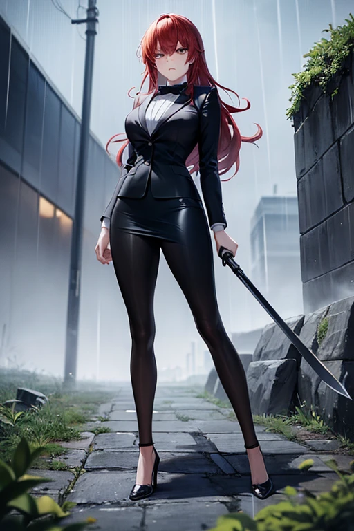 best quality, 1girl, beautiful angry business woman holding two steel swords, black business suit, black midi pencil skirt, black blazer, heels, looking at viewer, full body, long red hair, garden, stone wall, rain