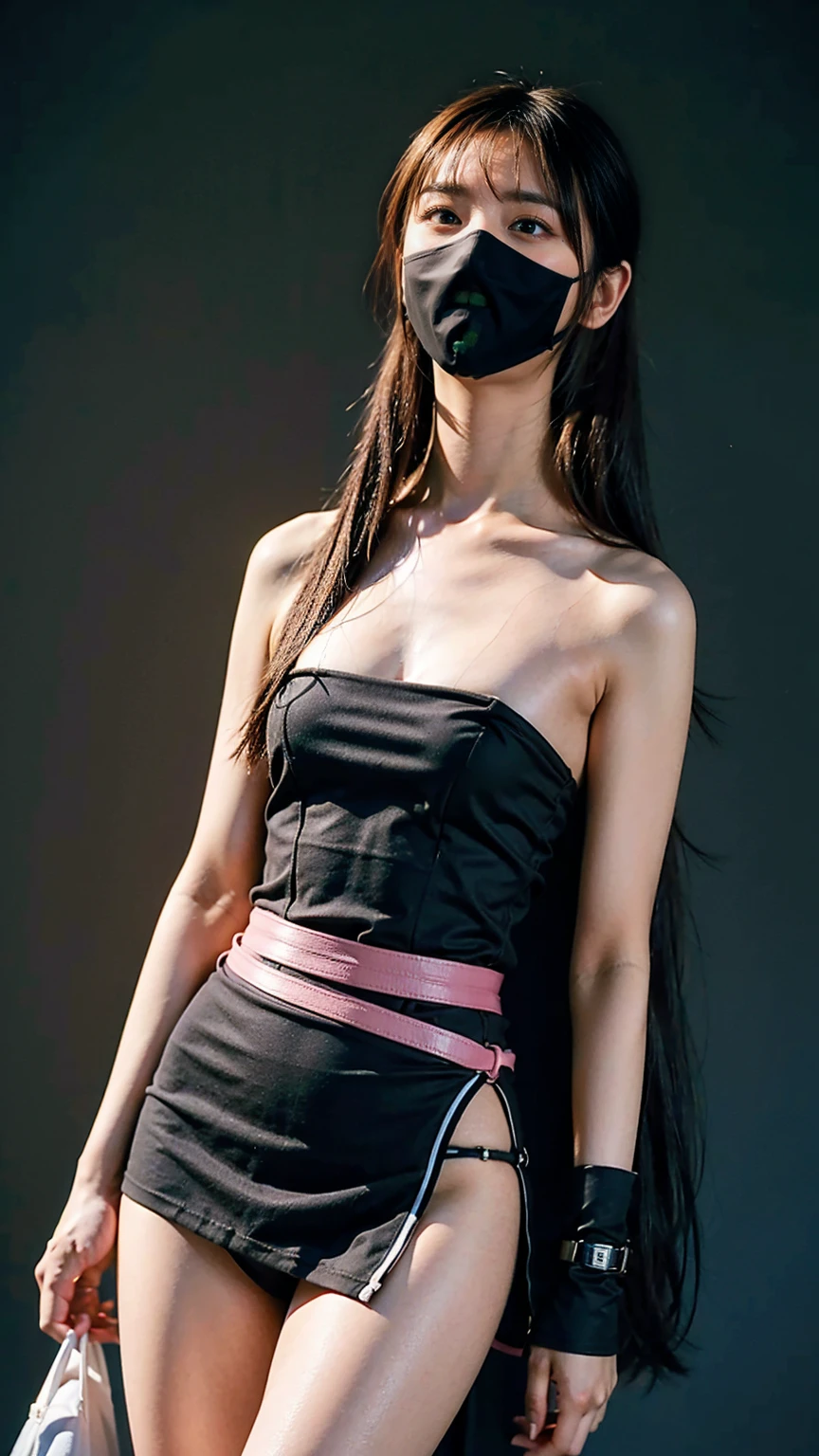(8K、RAW Photos、Highest quality、masterpiece:1.2)、(Highest quality、Realistic)、1 Girl、レザーガーターbelt、smile、Side Ponytail、Tube top、Arm Covers、Ninja costume、mini skirt、Black and Pink、tights、Belly button、Gloves、belt、ribbon、See-through、Thin legs、whole body、boots、City of night、View from the front、Looking into the camera、Stand with hands on hips))、cute