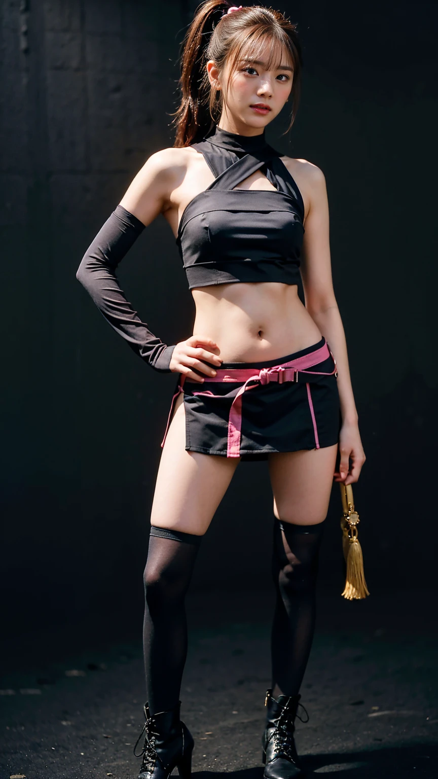 (8K、RAW Photos、Highest quality、masterpiece:1.2)、(Highest quality、Realistic)、1 Girl、レザーガーターbelt、smile、Side Ponytail、Tube top、Arm Covers、Ninja costume、mini skirt、Black and Pink、tights、Belly button、Gloves、belt、ribbon、See-through、Thin legs、whole body、boots、City of night、View from the front、Looking into the camera、Stand with hands on hips))、cute