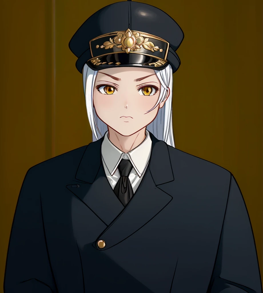 Female, (1girl:1.5), (exceptional, best aesthetic, new, newest, best quality, anime, waifu:1.2), keep the hat like the original, master piece, best quality, ultra detailed, absurdres, highres, colored, good anatomy, long silver hair, brown eyes, serious face, woman breast, sexy, plain bright blue coat, no shirt button, white inside shirt, peak cap, black tie,