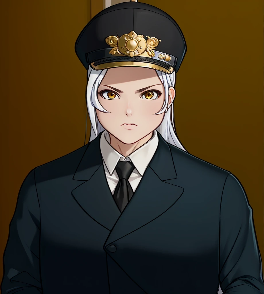 Female, (1girl:1.5), (exceptional, best aesthetic, new, newest, best quality, anime, waifu:1.2), keep the hat like the original, master piece, best quality, ultra detailed, absurdres, highres, colored, good anatomy, long silver hair, brown eyes, serious face, woman breast, sexy, plain bright blue coat, no shirt button, white inside shirt, peak cap, black tie,