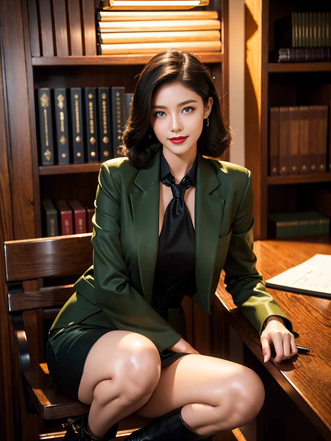 (Full body ), in the office, a Chinese beauty in uniform, (Retro finger waves),finger waves, perfect face,obsequious smile, lipstick, red lips, well toned ass,Deep olive green tight fitting wool jacket, a brown-green shirt,wearing (Black uniform tie),Deep Olive Green Wool Pencil Skirt, (Black high heeled knee high boots), Searching for Files in the File Cabinet, smiling, blushing, bright eyes, 1 girl, full body, standing, seductive smile, male colleague, office, desk, File Cabinet,(night, bright lights), Best quality, masterpiece, ultra-high res, (photosensitive:1.4), 8k Portrait of beautiful, enriched, elegant, highly detailed, Majestic, digital photography, art by artist and run jia and greg rutkowski, (masterpiece, sidelighting, finely detailed beautiful eyes:1.2), hdr, detailed background