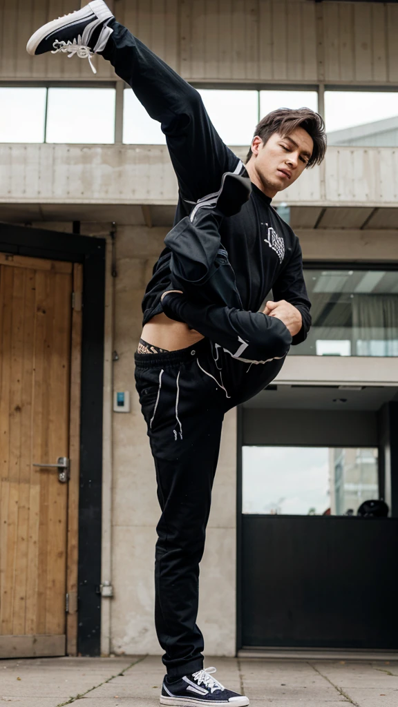 1 man, with black clothes, daily clothes,beautiful, throwing a high kick