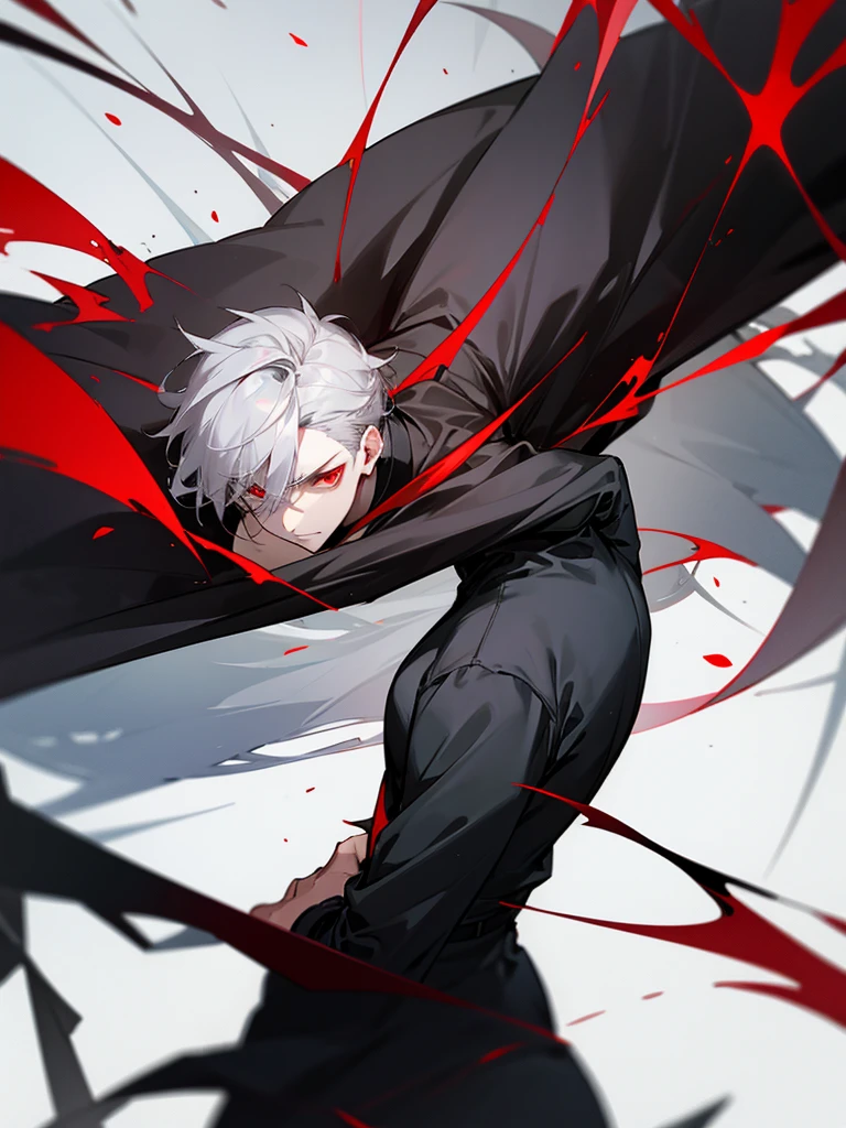 Male character with gray hair and red eyes and black clothes