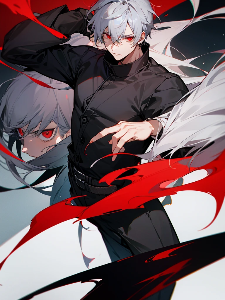 Male character with gray hair and red eyes and black clothes 