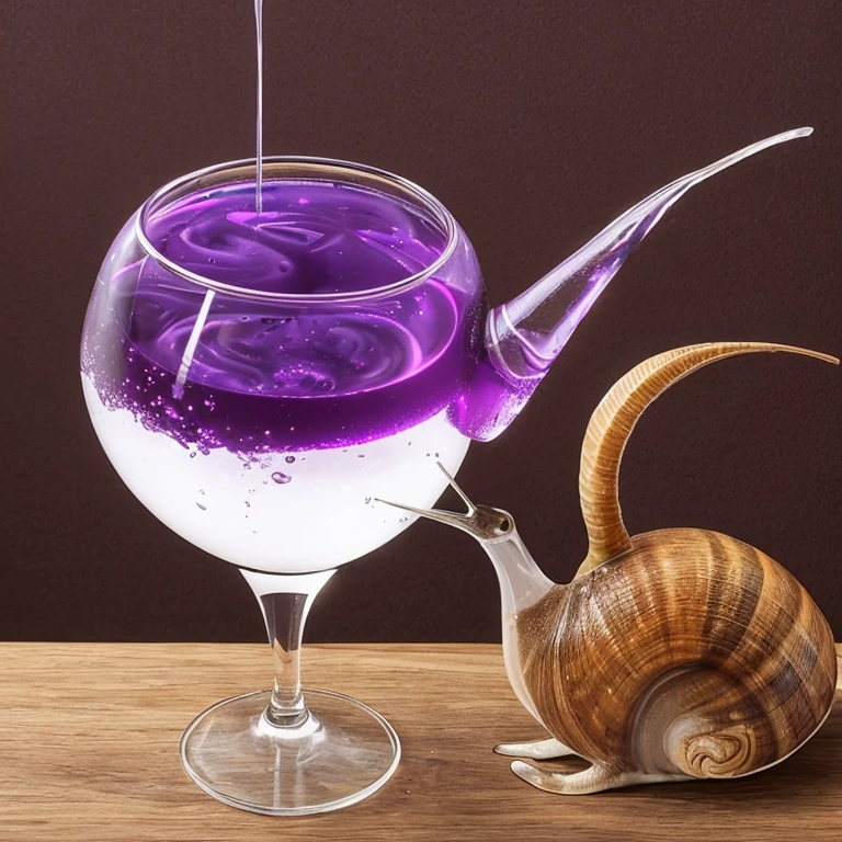 A snail drinking purple water in a glass labeled with Spiritus