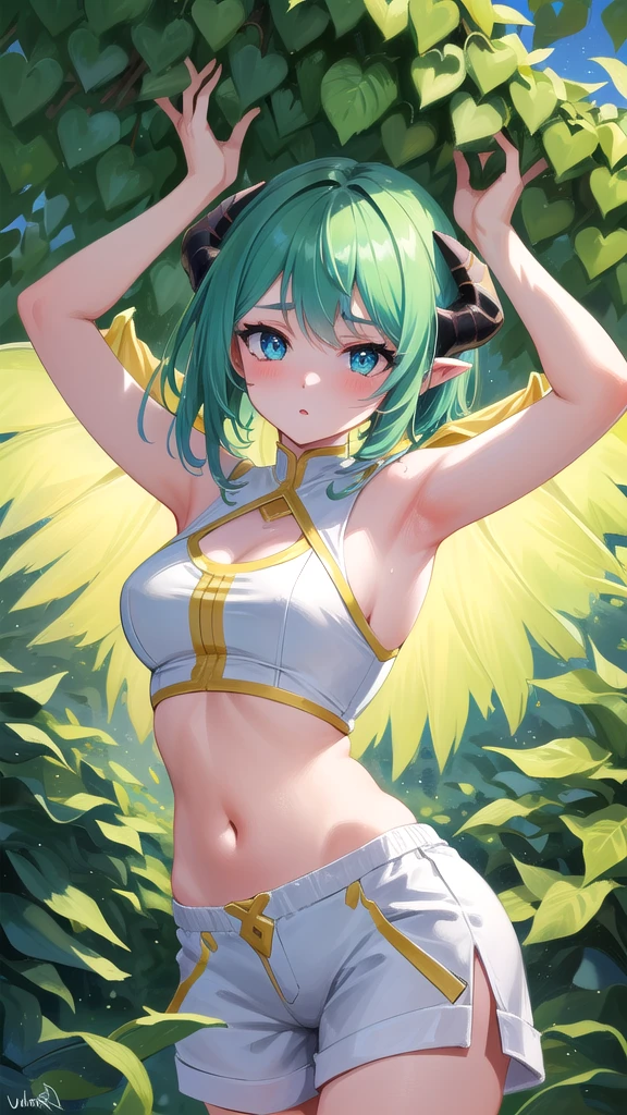 (Best quality,unparalleled masterpiece:1.4),Ultra-detailed 4K CG,(Ultra detailed clear absurdly bright mint big eyes:1.2),Yellow medieval summer girl, concept, vines on the hand and horns from the vines, full length, whole body, magic hunter, white shorts, SFV