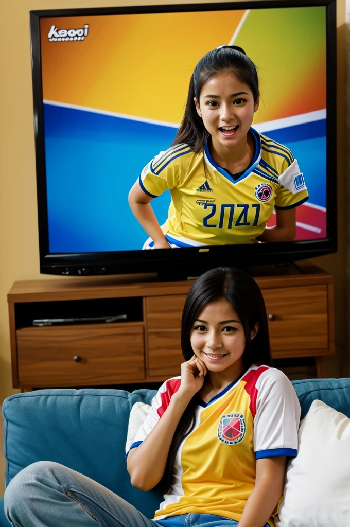 Kawaii drawing of a woman wearing the Colombia national team shirt watching a soccer match on the television

