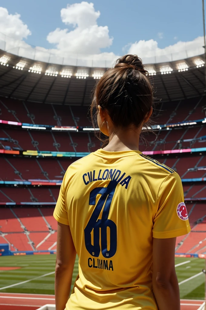 An animation of a woman from behind wearing a Colombia t-shirt that says Yolanda and in the stadium
