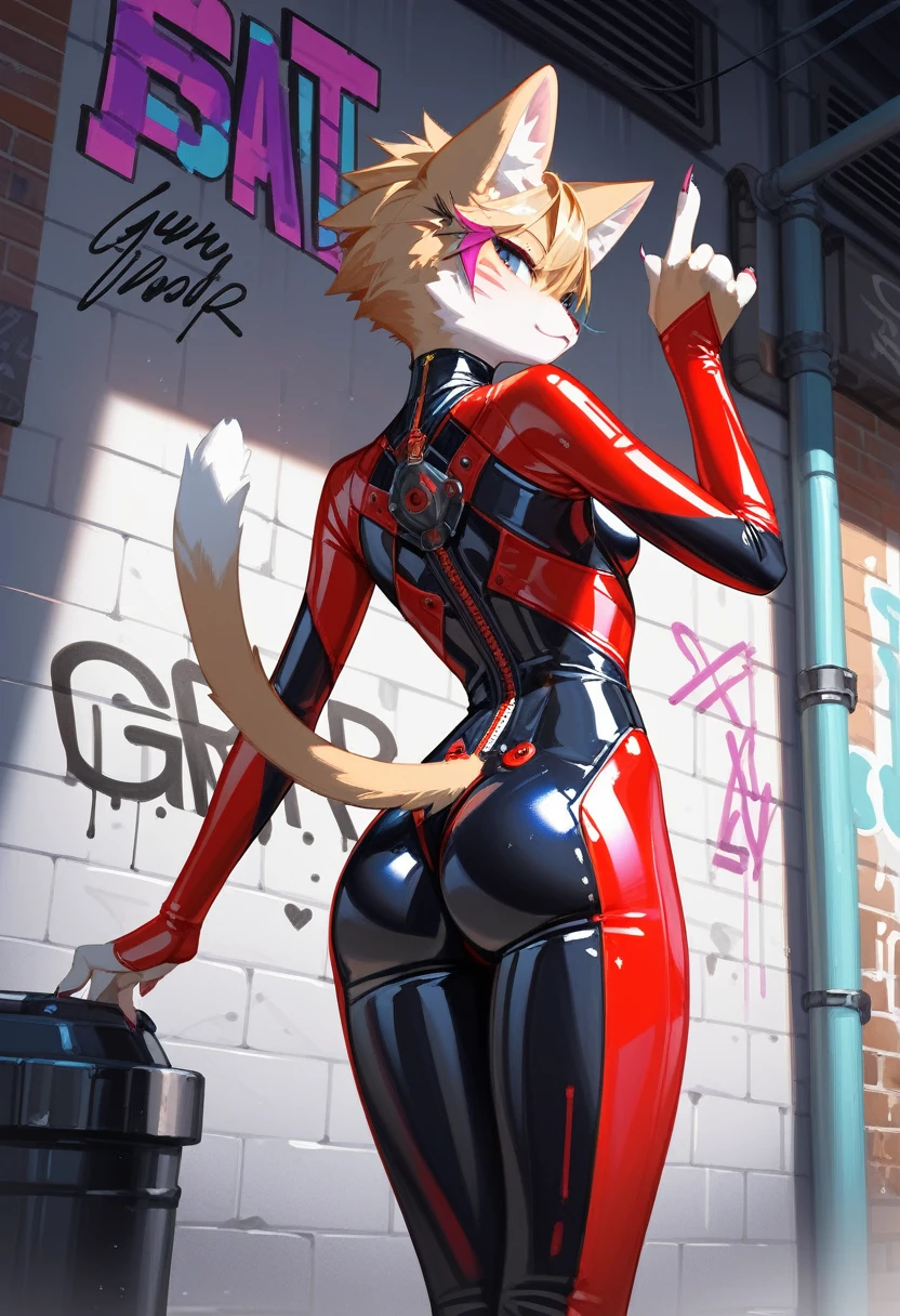 animation, Highest quality, Highest quality, High quality illustrations, masterpiece, Ultra-high resolution, Detailed Background, Alley, Graffiti art on the wall, Absurd, Perfect Anatomy, performance, Good lighting, Shadows in the movies(kemono, Furry PersonifiCation), Cat, Red Rubber Suit, latex, neon, neonライト, neonカラー, Bodysuits, Cyber Suit, cyber punk, Turning her back, From the back