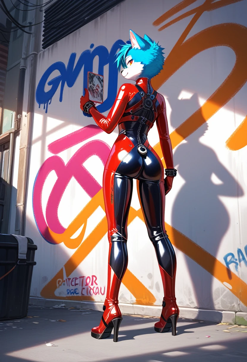 animation, Highest quality, Highest quality, High quality illustrations, masterpiece, Ultra-high resolution, Detailed Background, Alley, Graffiti art on the wall, Absurd, Perfect Anatomy, performance, Good lighting, Shadows in the movies(kemono, Furry PersonifiCation), Cat, Red Rubber Suit, latex, neon, neonライト, neonカラー, Bodysuits, Cyber Suit, cyber punk, Turning her back, From the back