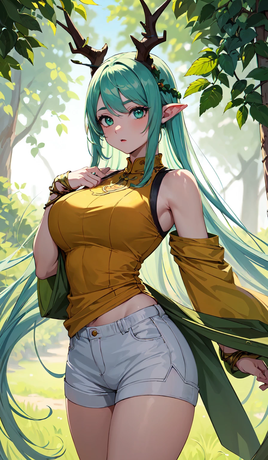 (Best quality,unparalleled masterpiece:1.4),Ultra-detailed 4K CG,(Ultra detailed clear absurdly bright mint big eyes:1.2),Yellow medieval summer girl, concept, vines on the hand and horns from the vines, full length, whole body, magic hunter, white shorts, SFV