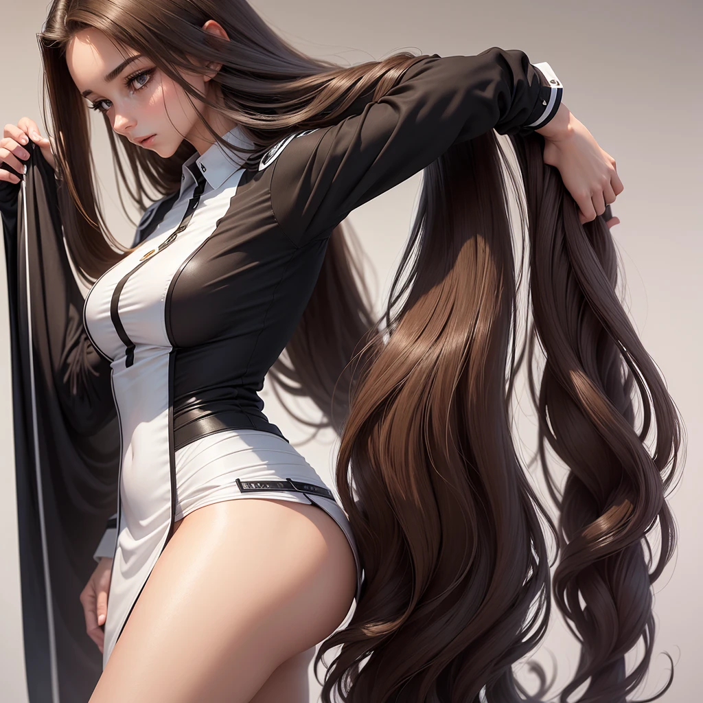 A stunningly beautiful young woman with expressive brown eyes and flawless skin that highlights her delicate features. Her long, wavy hair is predominantly black with blonde highlights., creating a striking and stylish visual effect. She is wearing a nurse uniform, which accentuates your slender silhouette and slim waist. The woman is a nursing student, bringing with him an air of dedication and empathy that shines through in his expression. The background of the image is simple and neutral, directing all attention to your natural beauty and captivating presence.