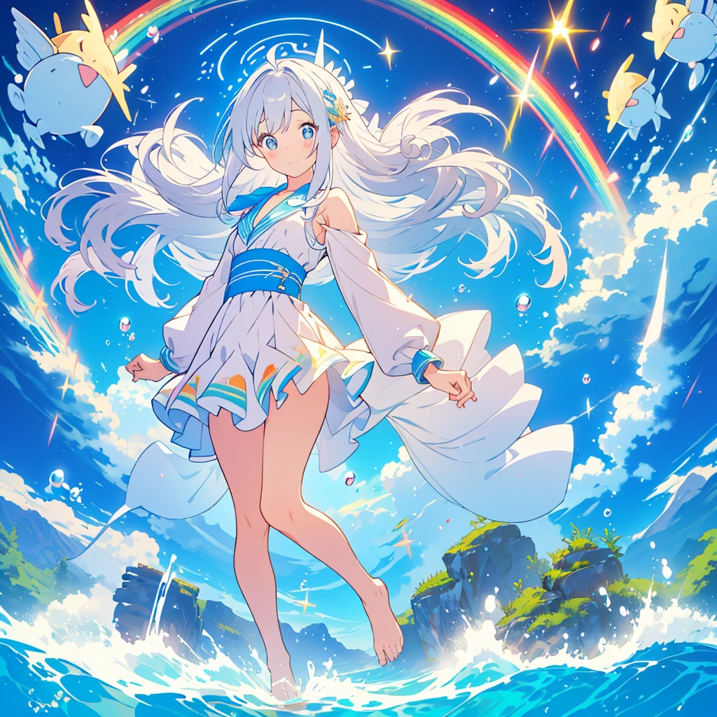 kawaii, anime, Cute, hyper quality, highly detailed, 16k, Front facing, Clarity, full body, one twenty year old woman, white long dress, Shining long silver hair, lapis lazuli eyes, Pose with movement, countless bubbles, wrapped in bubbles, light shines in, underwater, rainbow light effect, Fantastic, particles of light, 10 colorful small tropical fish, twist your body, shining in rainbow colors, vivid sea, sea swell, In the bright sea, Uplifting, school of small fish, Bubbles of various sizes, Colorful light, Clearly depict facial expressions, sink into the sea, The background is a view of the deep sea, no background, rainbow colored coral reef, richly colored light, The bottom of the sea,