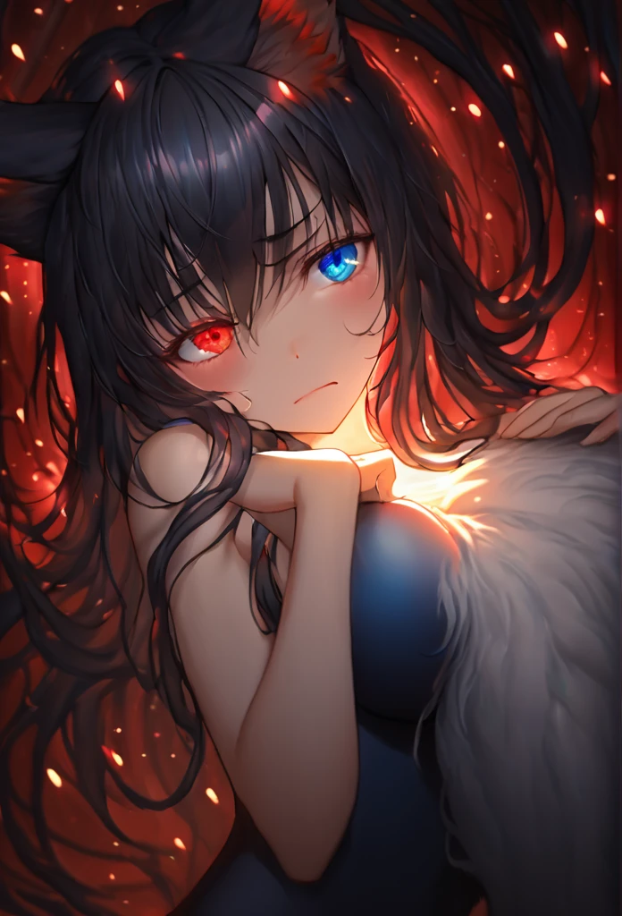 a beautiful blue and black kitsune, big breasts, long black hair, slim waist, detailed portrait, intricate details, dramatic lighting, mystical, elegant, sensual, long white tail, heterochromia (one blue eye, one red eye), His eyes would shine brightly, Surrounded by red energy fireflies, Wearing a one-piece swimsuit, covering herself up, very blushing and angry,
