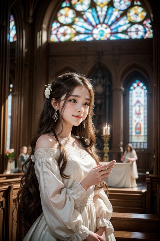 teenage girl singing at the altar in long dress, long hair, brown hair, hair flower, wide-eyed, crystal earrings, makeup, light smile, Futurism, god rays, framed, first-person view, Fujifilm, masterpiece