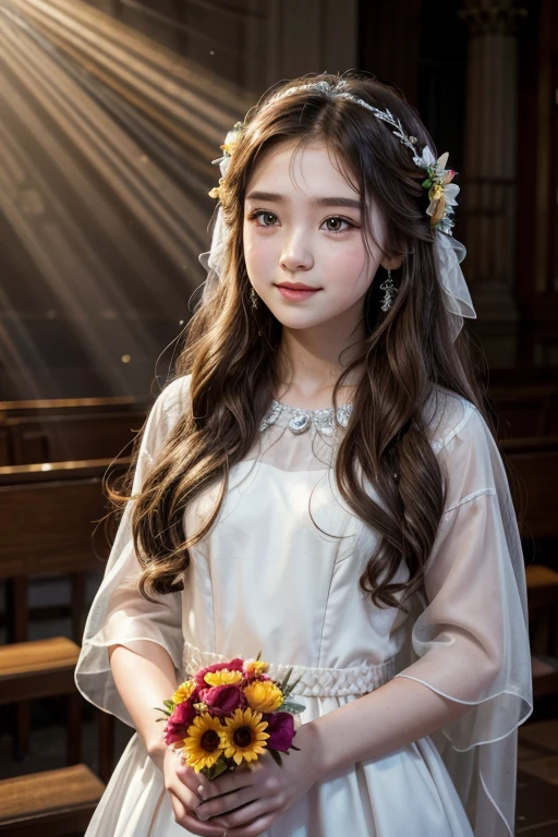  girl singing at the altar in long dress, long hair, brown hair, hair flower, wide-eyed, crystal earrings, makeup, light smile, Futurism, god rays, framed, first-person view, Fujifilm, masterpiece