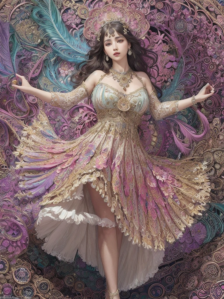 (masterpiece, top quality, best quality, official art, beautiful and aesthetic:1.4), (1girl:1.5), extremely detailed, (fractal art:1.3), (vividly colorful:1.3), (blooming flowers:1.5), highest detailed, (zentangle patterns:1.4), full body, (abstract and vibrant background:1.5), (radiant and shiny skin:1.2), (multicolor spectrum:1.6), (elegant earrings:1.3), (feathery accents:1.6), intricate design, ethereal, whimsical, (flowing hair:1.2), (delicate facial features:1.3), (ornate dress:1.4), (graceful pose:1.5), (fantastical elements:1.4)
