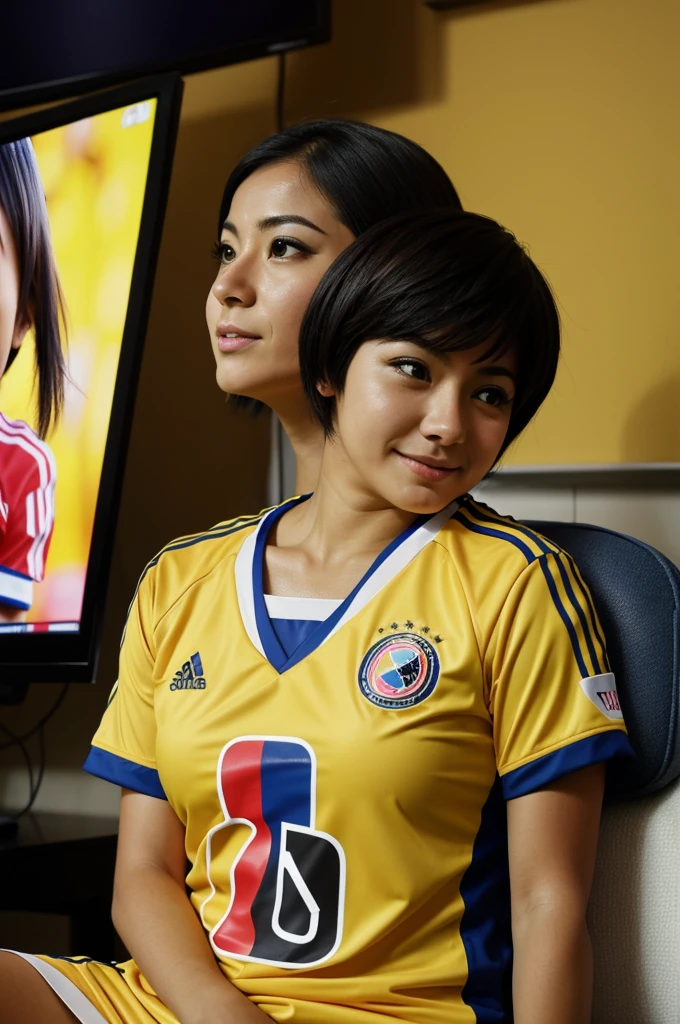 Kawaii drawing of a woman wearing the Colombia national team shirt watching a soccer game on television with short hair